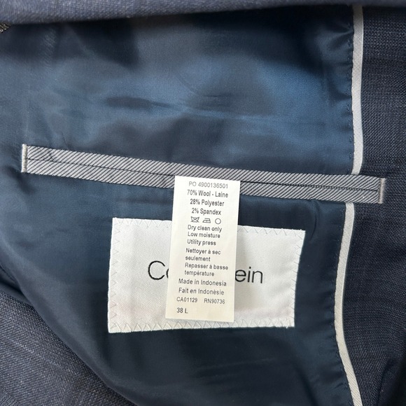 Calvin Klein Slim Fit Suit Jacket Mens 38L 38 Navy Blue‎ Plaid Blazer $450 NEW - Picture 6 of 11